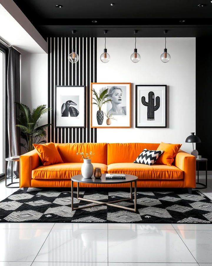 Dramatic Contrast with Black and White - 25 Orange Couch Living Room Ideas