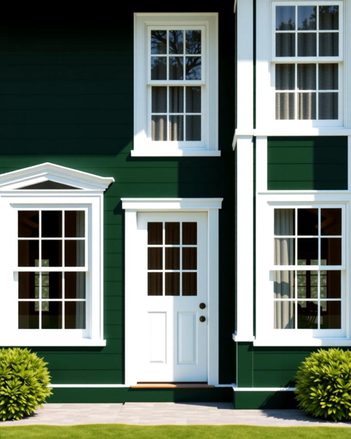 Dramatic Contrast with Dark Green and White Windows - 30 Dark Green Exterior Ideas