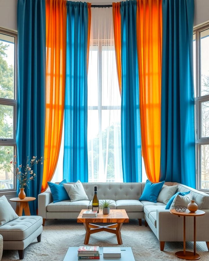 Dual Toned Curtains - 25 orange and blue living room ideas