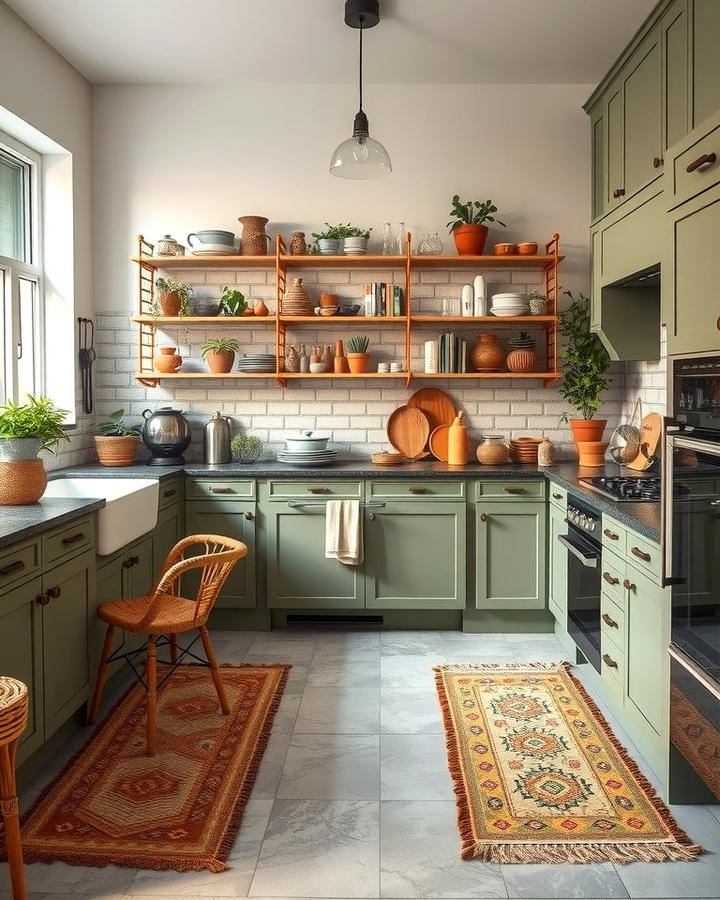 Earthy Bohemian Style - 30 Green Kitchen Cabinets With Black Countertops