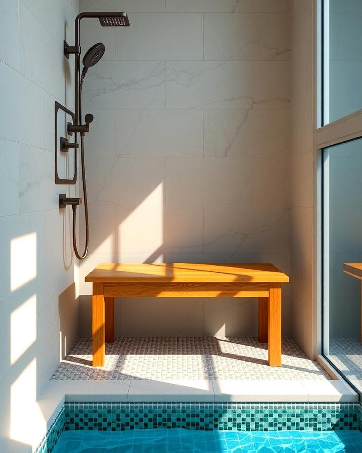 Easy Access Shower Bench - 25 Pool Bathroom Ideas