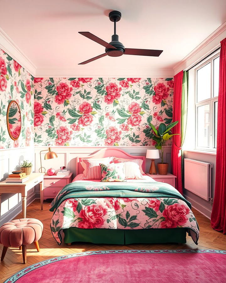 Eclectic Mix of Patterns - 25 Pink and Green Bedroom Ideas