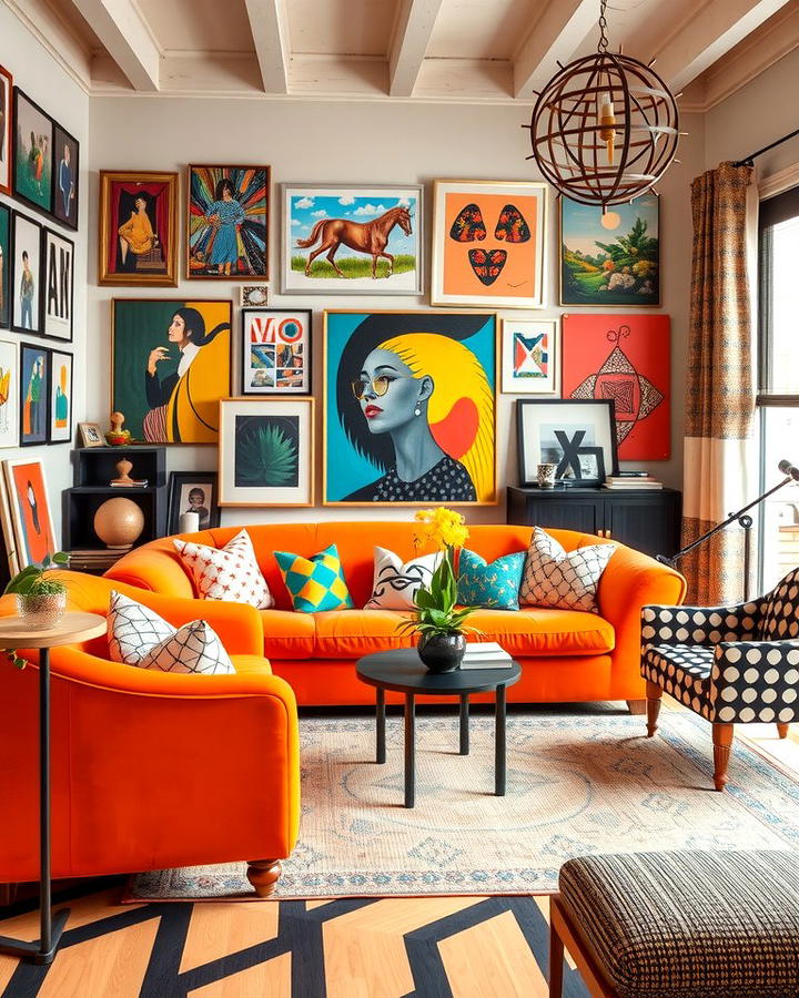 Eclectic Mix with Bold Patterns - 25 Orange Couch Living Room Ideas