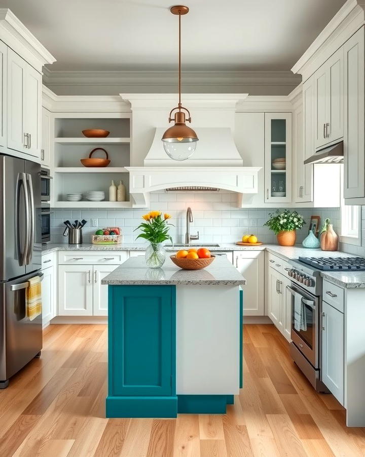 Eclectic Mix with White Cabinets and Teal Blue Island - 25 White Kitchen Cabinets With Blue Island