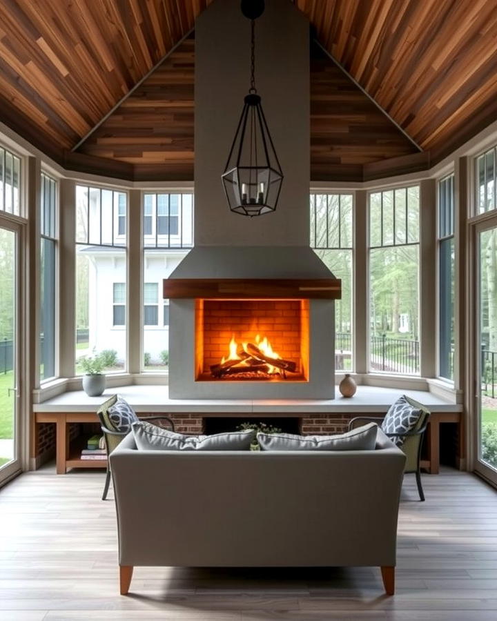 Elevated Fireplace Design - 25 Screened-in Porch With Fireplace Ideas