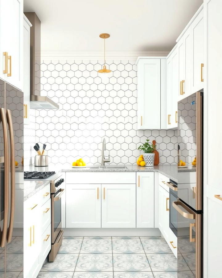 Embrace Geometric Tile Patterns - 25 White Kitchen with Stainless Steel Appliances Ideas