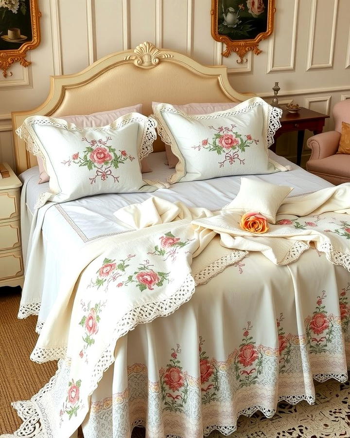 Embroidered Linens - 25 Vintage Bedroom Ideas