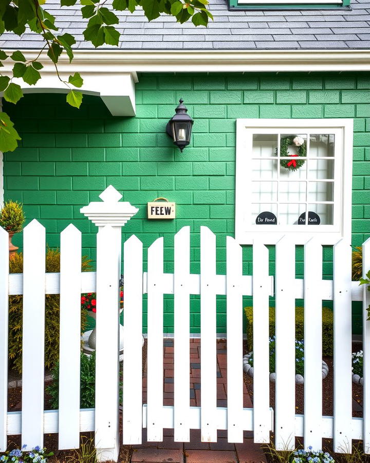 Emerald Green with White Picket Fence - 30 Green Brick Exterior Home Ideas