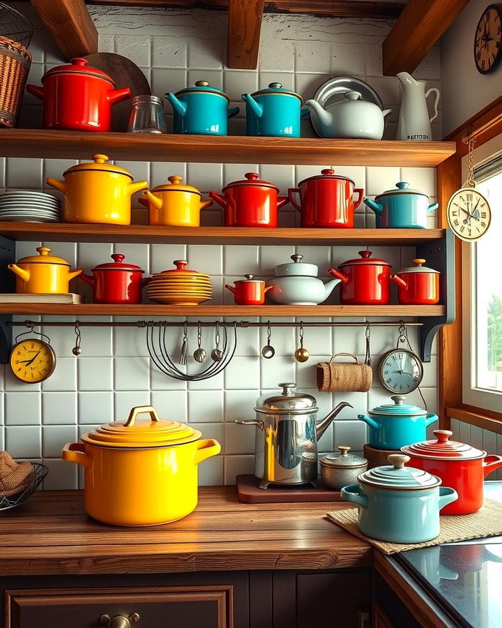 Enamel Cookware Display - 25 Vintage Kitchen Ideas