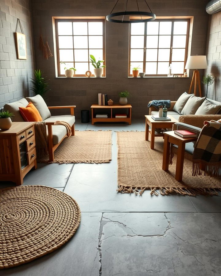 Enhancing the Space with Warm Rugs - 25 Rustic Concrete Floor Living Room Ideas