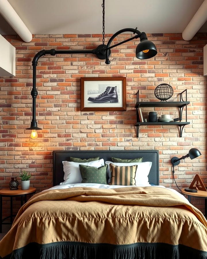 Exposed Brick Accent Wall - 25 Steampunk Bedroom Ideas