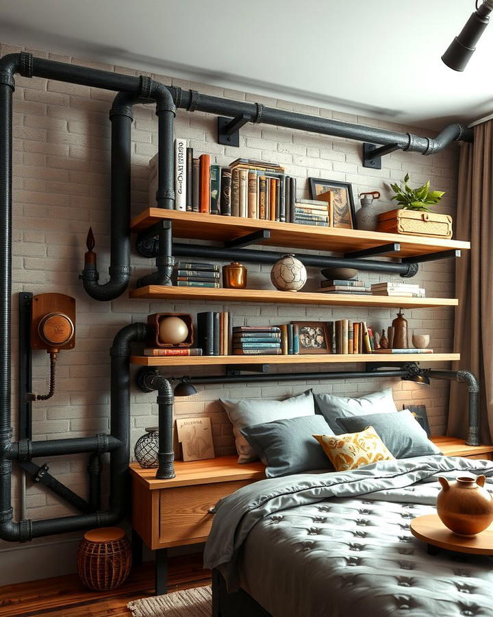 Exposed Pipe Shelving - 25 Steampunk Bedroom Ideas