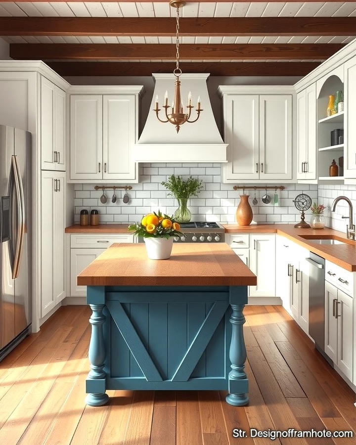 Farmhouse Flair with White Cabinets and Distressed Blue Island - 25 White Kitchen Cabinets With Blue Island