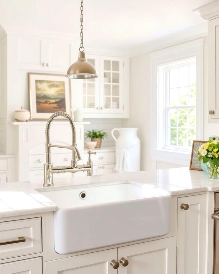 Farmhouse Sink with Stainless Steel Fixtures - 25 White Kitchen with Stainless Steel Appliances Ideas