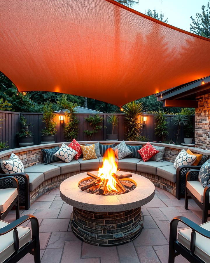 Firepit with Shade Sail Coverage - 25 Patio Ideas With Firepit