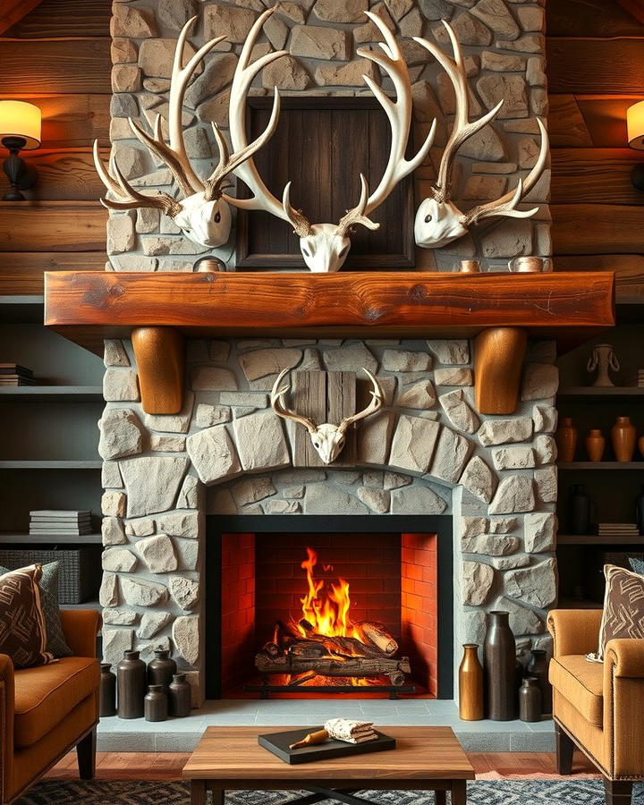 Fireplace with Antler Accents - 25 Rustic Fireplaces