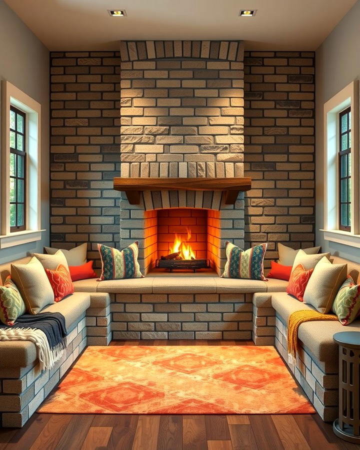 Fireplace with Surrounding Built in Benches - 25 Outdoor Corner Fireplace Ideas