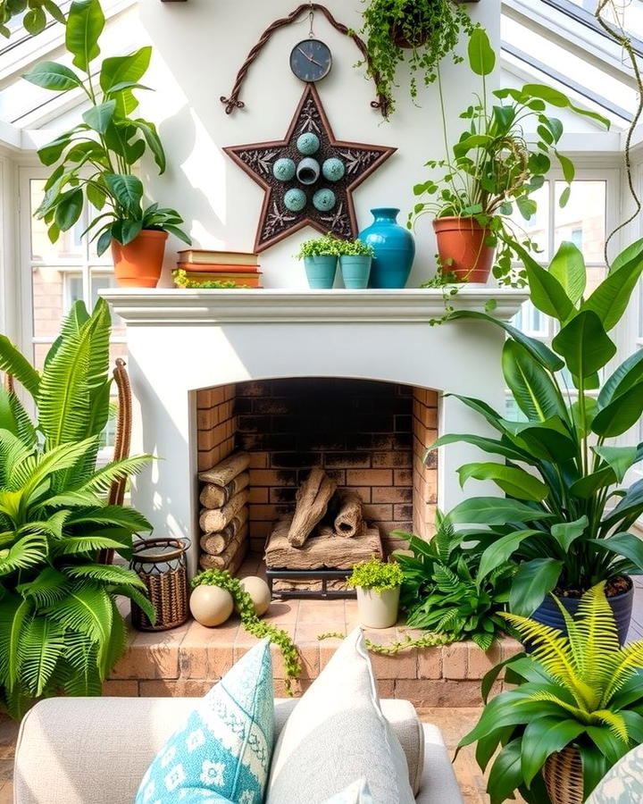 Fireplace with Surrounding Plants - 25 Sunroom With Fireplace Ideas