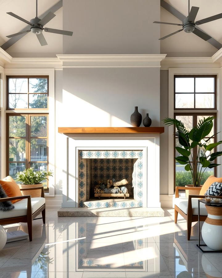 Fireplace with Tile Accents - 25 Sunroom With Fireplace Ideas