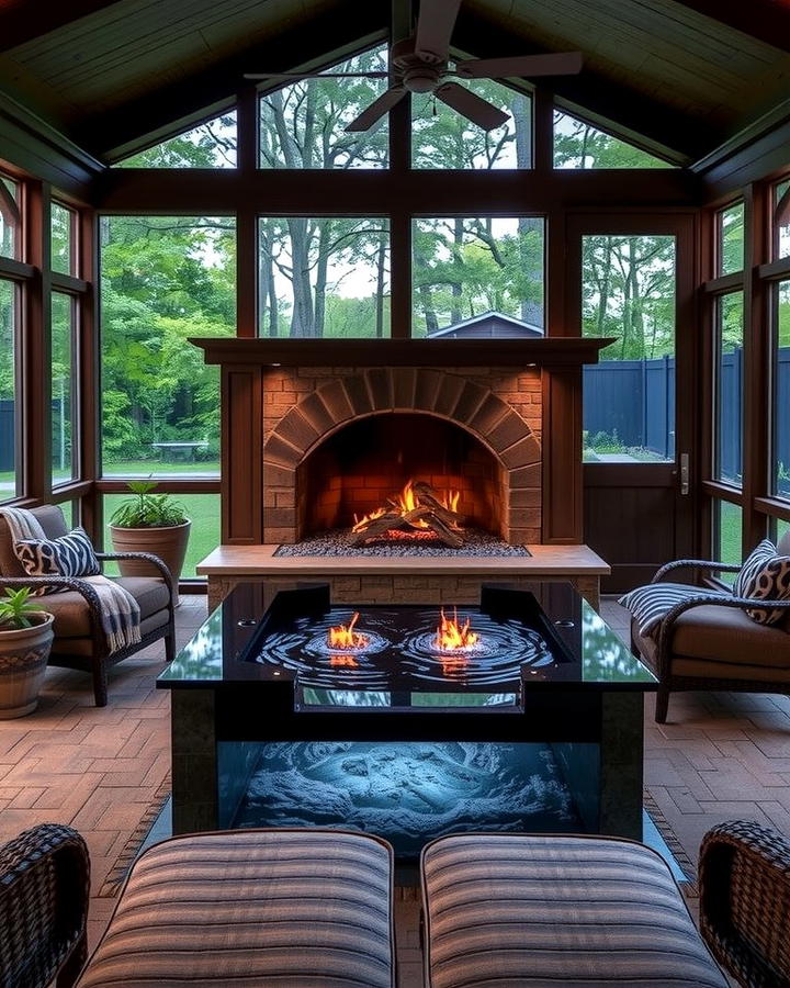 Fireplace with Water Feature - 25 Screened-in Porch With Fireplace Ideas