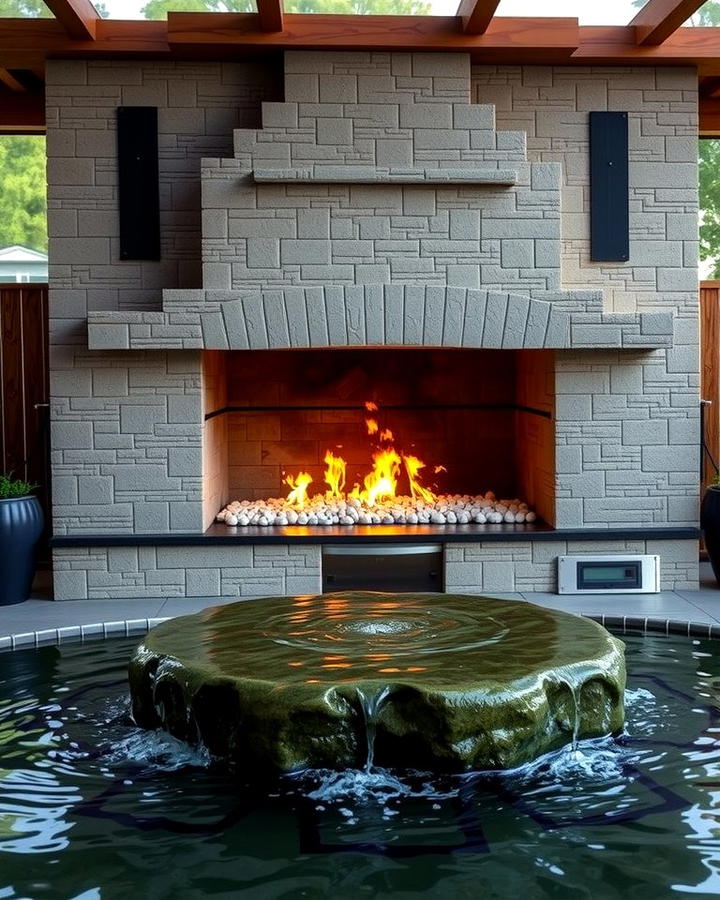 Fireplace with Water Feature - 25 Outdoor Fireplace Ideas