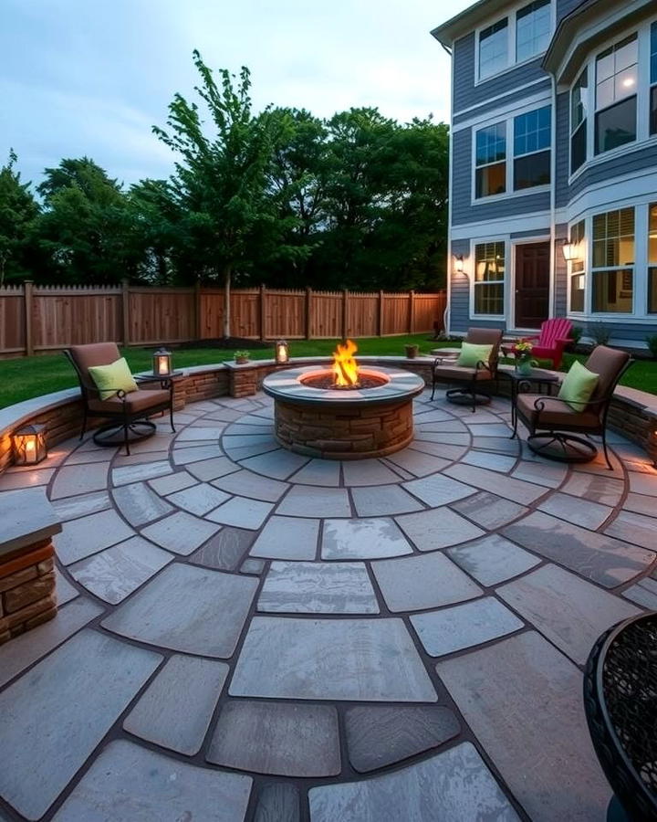 Flagstone Stamped Patio with Stone Fire Pit - 25 Stamped Concrete Patio With Fire Pit Ideas