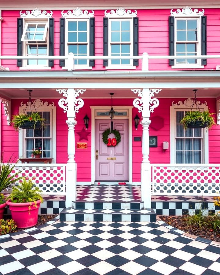 Flamingo Pink with Black and White Checkerboard Details - 25 Pink House Exterior Ideas