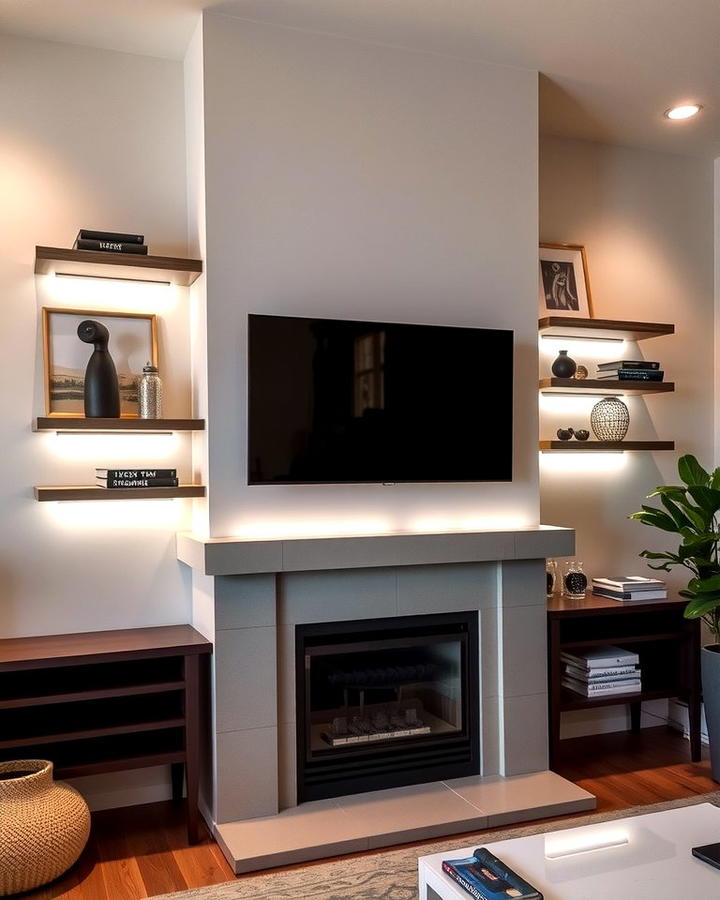 Floating Shelves with Hidden Lighting - 30 Fireplace Built-in Ideas