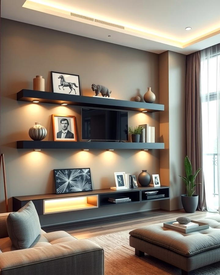 Floating Shelves with LED Lighting - 30 Living Room Shelf Ideas