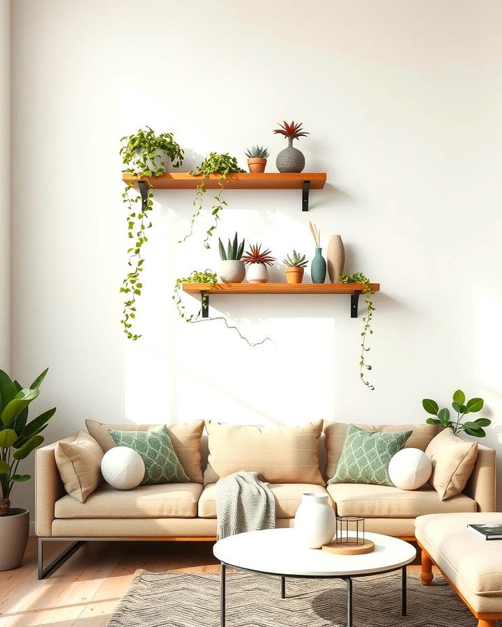 Floating Shelves with Plants for a Natural Feel - 30 Living Room Shelf Ideas