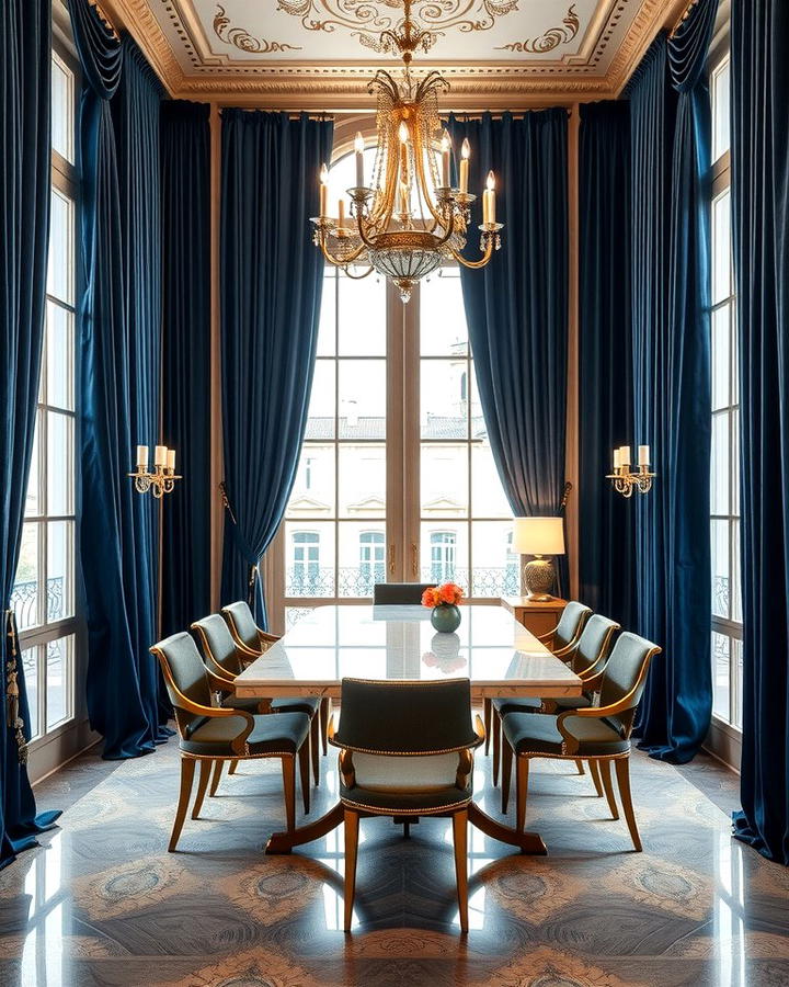 Floor to Ceiling Curtains for Dramatic Flair - 25 Parisian Dining Room Ideas