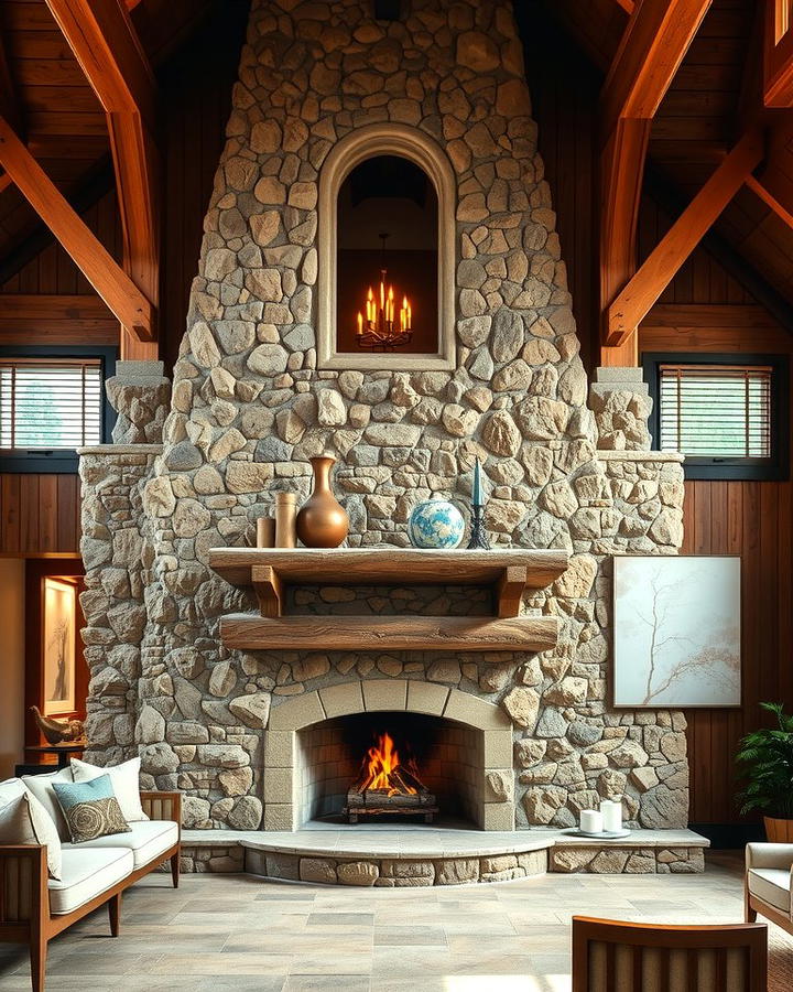 Floor to Ceiling River Rock Fireplace - 25 River Rock Fireplace Ideas