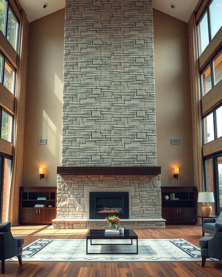 Floor to Ceiling Stacked Stone Statement - 25 Stacked Stone Fireplace Ideas