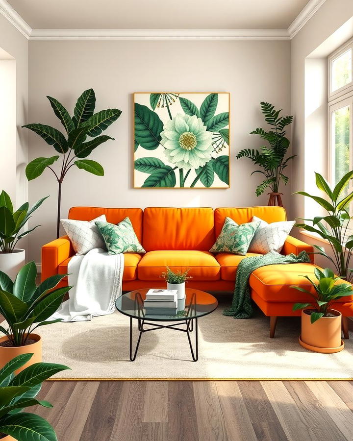 Floral Elegance with Botanical Themes - 25 Orange Couch Living Room Ideas