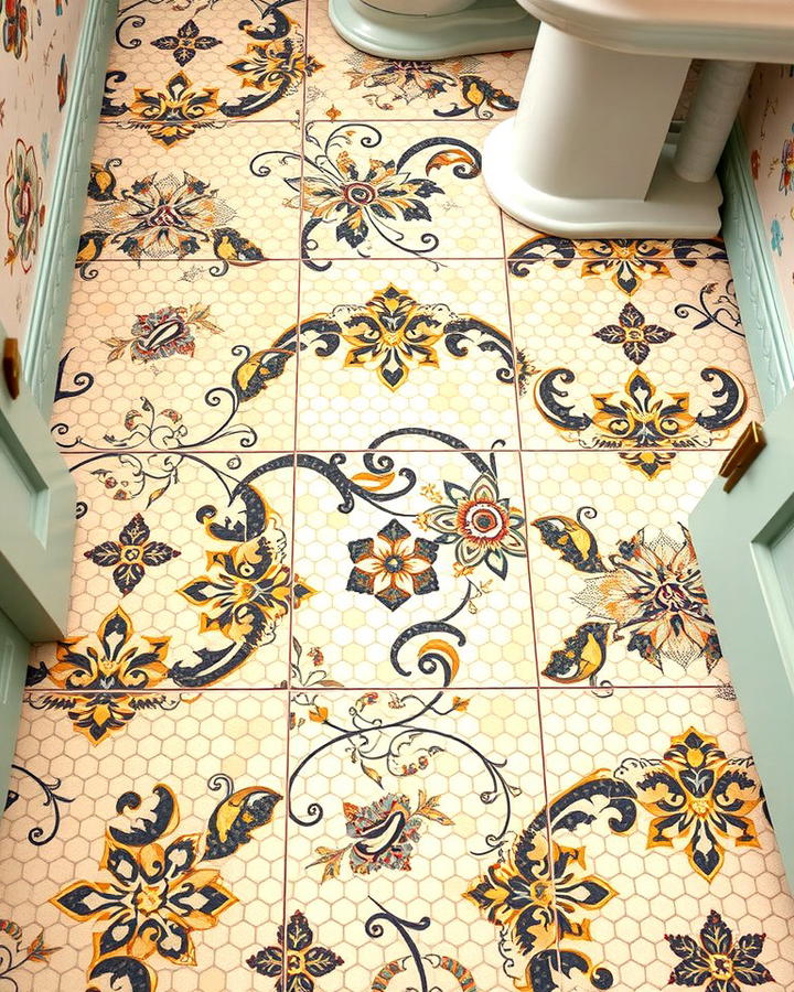 Floral Motif Penny Tiles - 25 Penny Tile Bathroom Floor Ideas