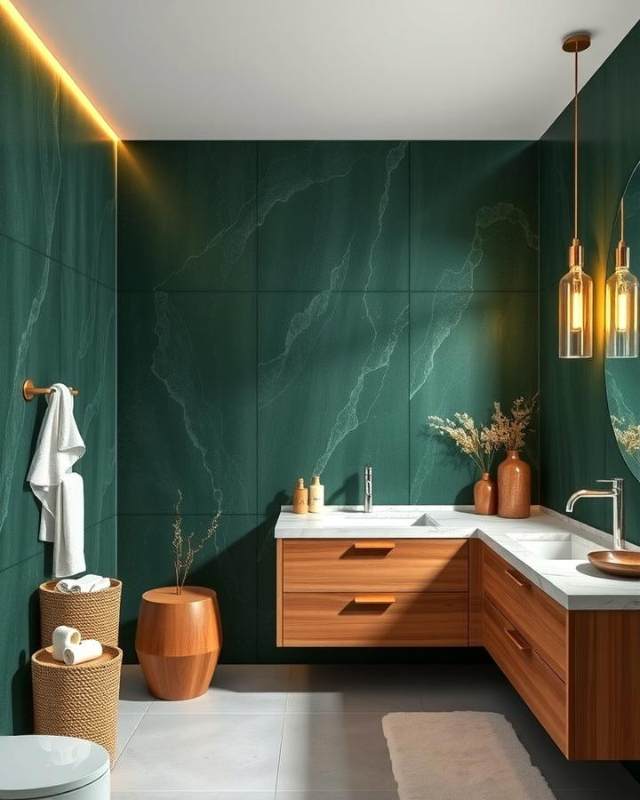 Forest Green Accent Wall - 30 Green Tile Bathroom Ideas