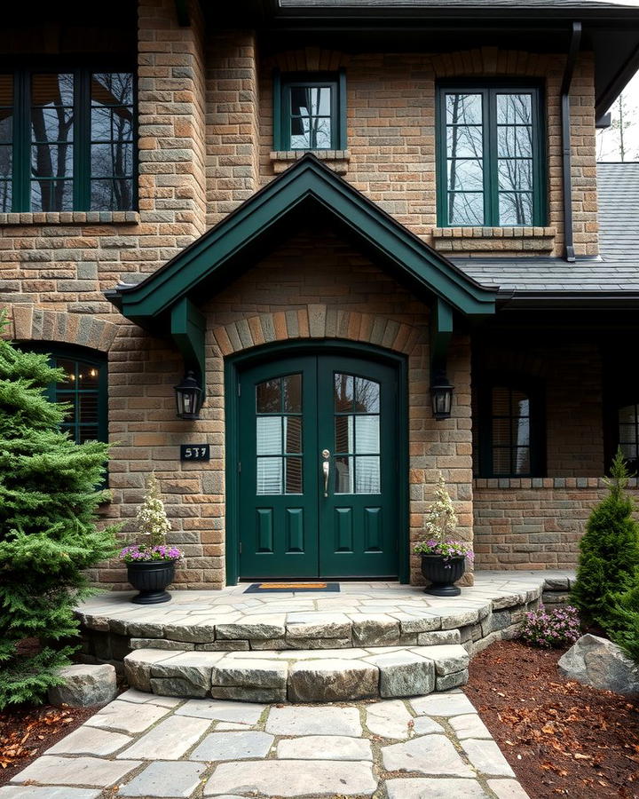 Forest Green Brick with Stone Accents - 30 Green Brick Exterior Home Ideas