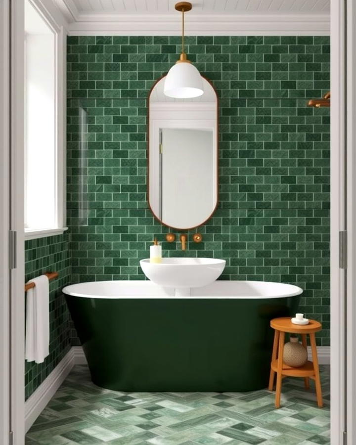 Forest Green Herringbone Tiles - 30 Green Bathroom Tile Ideas