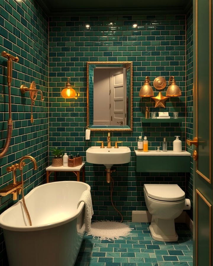 Forest Green Tiles with Gold Accents - 30 Green Tile Bathroom Ideas