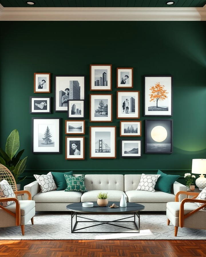 Gallery Wall Against Dark Green - 30 Dark Green Living Room Ideas