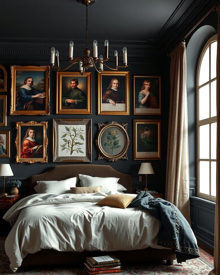 Gallery Wall of Classical Art - 30 dark academia bedroom ideas