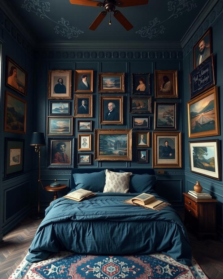 Gallery Wall with Vintage Art - 30 dark academia bedroom ideas