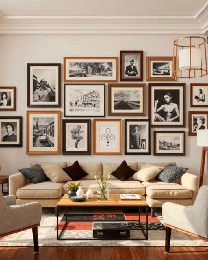 Gallery Wall with Vintage Artwork - 25 Ralph Lauren Living Room Ideas