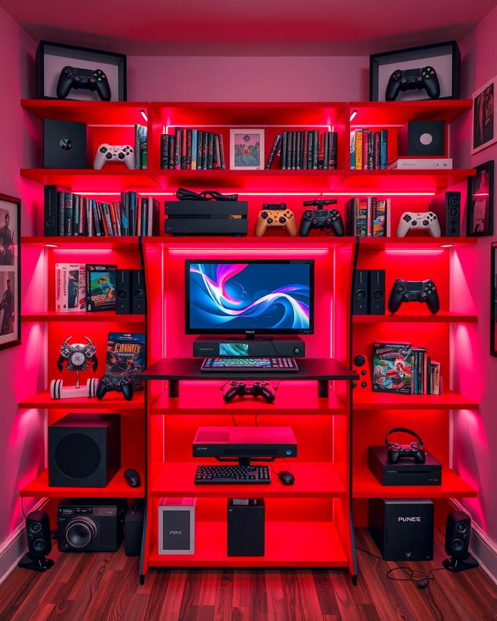 Gaming Shelf Display - 25 Red and Black Gaming Setup Ideas