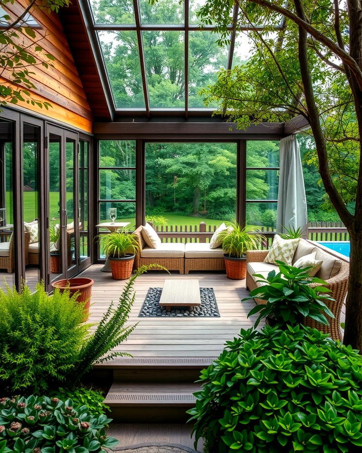 Garden Focused Deck with Glass Enclosed Sunroom - 25 Sunroom and Deck Combo Ideas