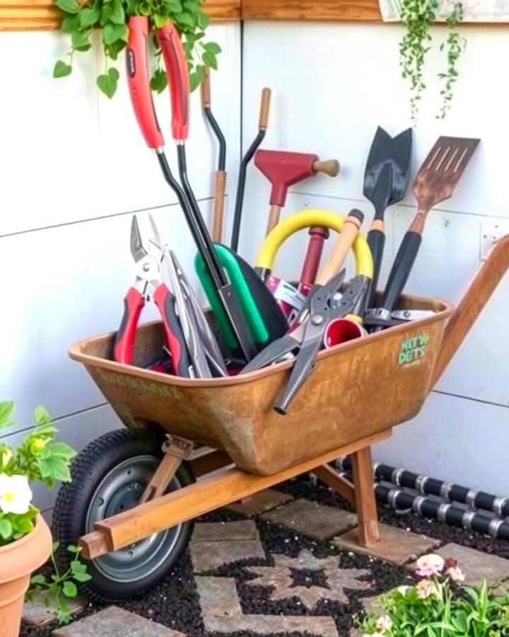 Garden Tool Storage Solution - 25 Old Wheelbarrow Ideas