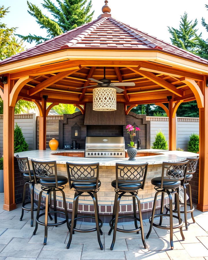 Gazebo with Built in Bar and High Stools - 30 Outdoor Kitchen with a Gazebo Ideas