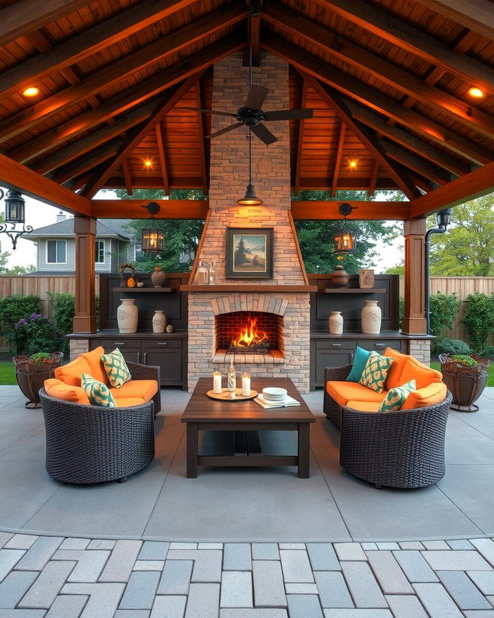 Gazebo with Outdoor Fireplace and Lounge Area - 30 Outdoor Kitchen with a Gazebo Ideas