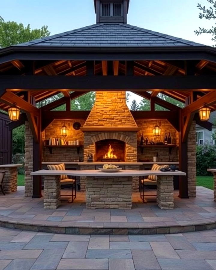 Gazebo with Outdoor Fireplace - 30 Outdoor Kitchen with a Gazebo Ideas