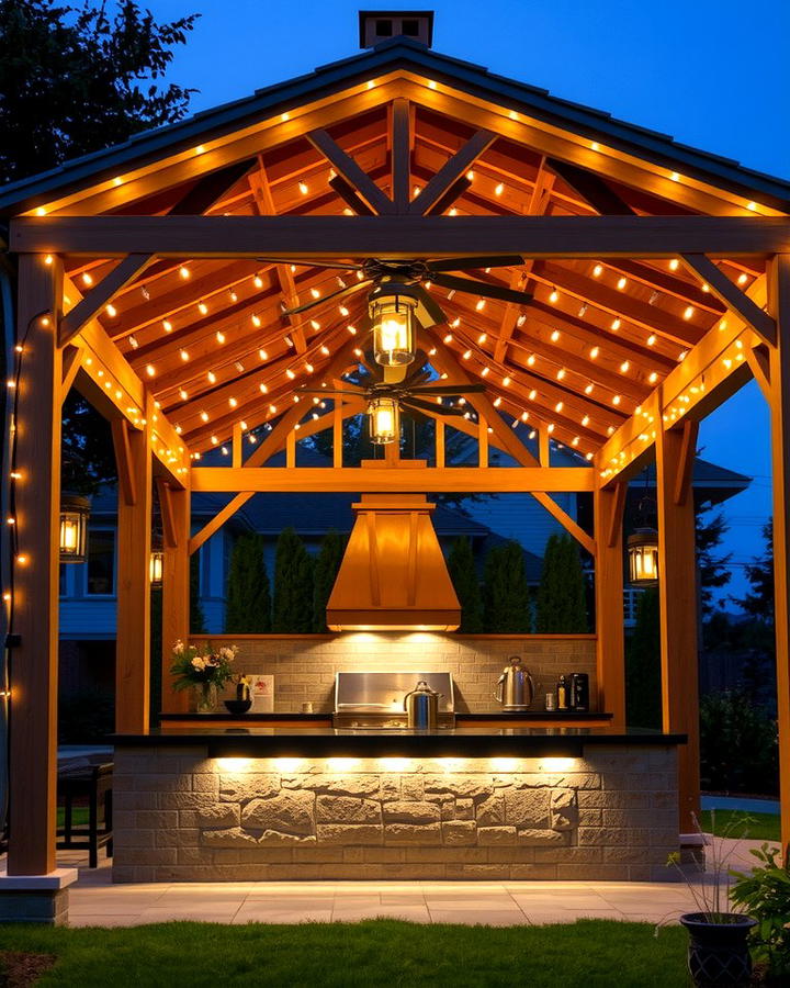 Gazebo with Outdoor Lighting - 30 Outdoor Kitchen with a Gazebo Ideas